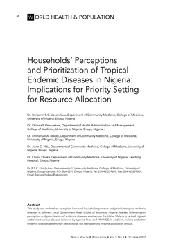 Households' Perceptions and Prioritization of Tropical Endemic Diseases in Nigeria: Implications for Priority Setting for Reso