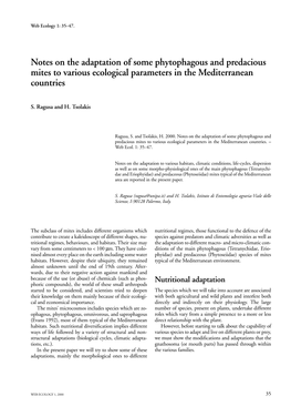 Notes on the Adaptation of Some Phytophagous and Predacious Mites to Various Ecological Parameters in the Mediterranean Countries