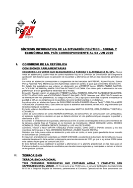 Síntesis Informativa De La Situación Político – Social Y Económica Del País Correspondiente Al 03 Jun 2020