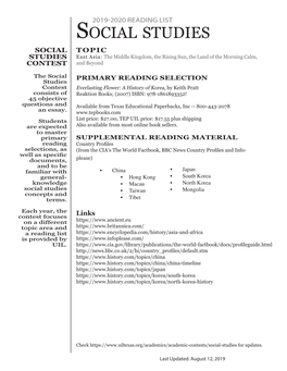 Social Studies SOCIAL TOPIC STUDIES East Asia: the Middle Kingdom, the Rising Sun, the Land of the Morning Calm, CONTEST and Beyond