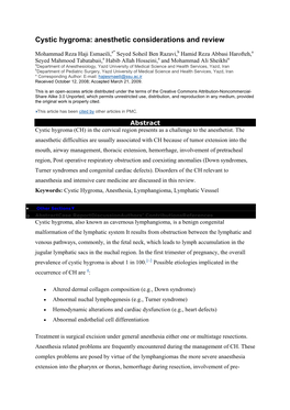 Cystic Hygroma: Anesthetic Considerations and Review