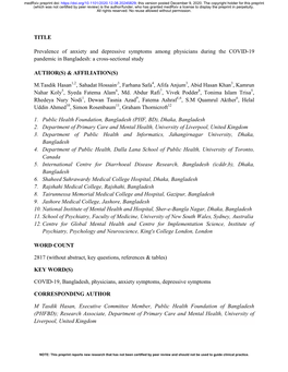 Prevalence of Anxiety and Depressive Symptoms Among Physicians During the COVID-19 Pandemic in Bangladesh: a Cross-Sectional Study