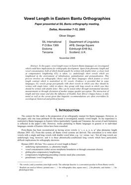 Vowel Length in Eastern Bantu Orthographies Paper Presented at SIL Bantu Orthography Meeting