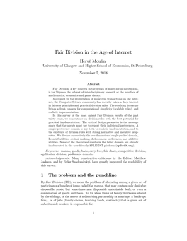 Fair Division in the Age of Internet Hervé Moulin University of Glasgow and Higher School of Economics, St Petersburg November 5, 2018