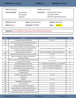 TAXON:Gilia Capitata SCORE:6.5 RATING:High Risk