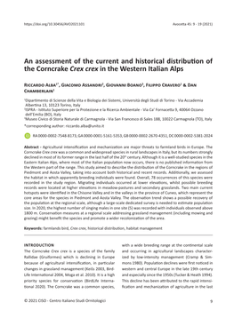 An Assessment of the Current and Historical Distribution of the Corncrake Crex Crex in the Western Italian Alps