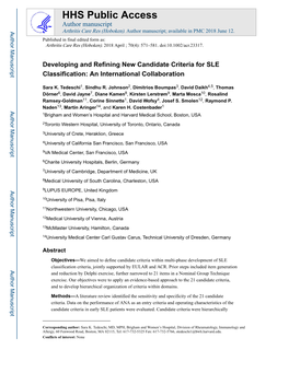 Developing and Refining New Candidate Criteria for SLE Classification: an International Collaboration