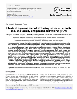 Effects of Aqueous Extract of Kuding Leaves on Cyanide- Induced Toxicity and Packed Cell Volume (PCV)