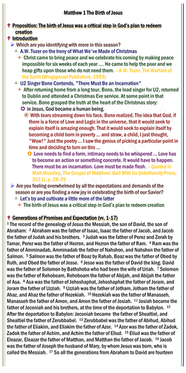 Matthew 1 the Birth of Jesus Proposition: the Birth of Jesus Was