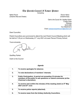 The Parish Council 0F Lower Peover Comprising Nether Peover Peover Inferior (Cheshire West and Chester) (Cheshire East) Clerk to the Council: Mr