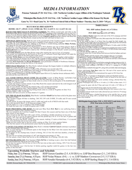 MEDIA INFORMATION Potomac Nationals (37-30 / 0-0, T-1St, -- GB / Northern) Carolina League Affiliate of the Washington Nationals Vs