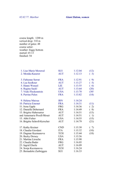 02.02.77. Maribor Giant Slalom, Women Course Length: 1200 M