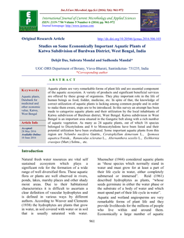 Studies on Some Economically Important Aquatic Plants of Katwa Subdivision of Burdwan District, West Bengal, India