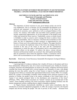 Emerging Pattern of Forest Bio-Diversity in South Western Nigeria: a Spatio-Temporal Analysis of Forest Reserves