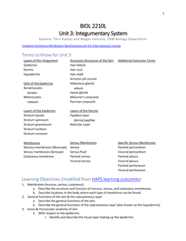 BIOL 2210L Unit 3: Integumentary System Authors: Terri Koontz and Megan Hancock, CNM Biology Department
