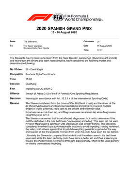 Document 26 to the Team Manager, Date 15 August 2020 Scuderia Alphatauri Honda Time 17:17