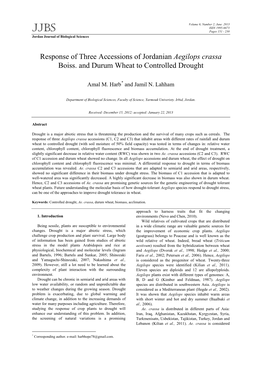 Response of Three Accessions of Jordanian Aegilops Crassa Boiss. and Durum Wheat to Controlled Drought