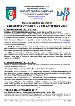 Comunicato Ufficiale N. 79 Del 23 Febbraio 2017