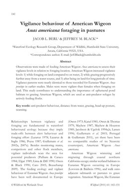 Berl JL & Black JM 2011. Vigilance Behaviour of American Wigeon