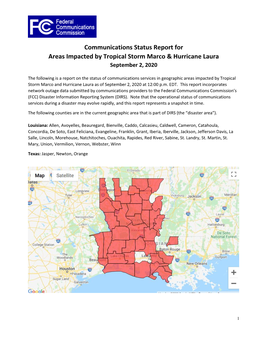 Communications Status Report for Areas Impacted by Tropical Storm Marco & Hurricane Laura September 2, 2020