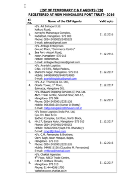 List of Temporary C & F Agents (28) Registered at New Mangalore Port Trust