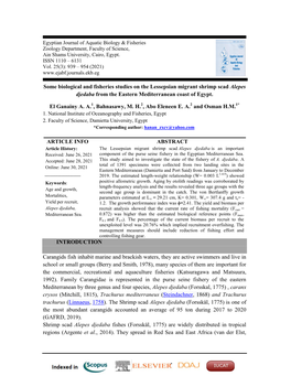 Some Biological and Fisheries Studies on the Lessepsian Migrant Shrimp Scad Alepes Djedaba from the Eastern Mediterranean Coast of Egypt