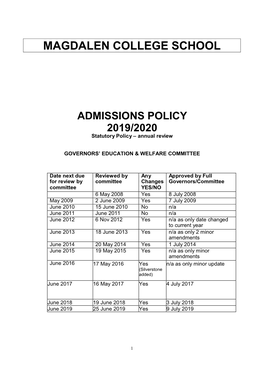 ADMISSIONS POLICY 2019/2020 Statutory Policy – Annual Review