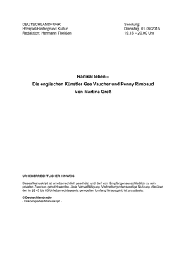 Radikal Leben – Die Englischen Künstler Gee Vaucher Und Penny Rimbaud Von Martina Groß