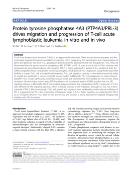Protein Tyrosine Phosphatase 4A3 (PTP4A3/PRL-3) Drives Migration and Progression of T-Cell Acute Lymphoblastic Leukemia in Vitro and in Vivo M