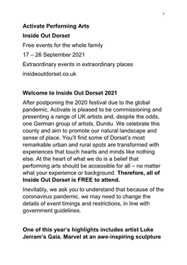 Activate Performing Arts Inside out Dorset Free Events for the Whole Family 17 – 26 September 2021 Extraordinary Events in Extraordinary Places Insideoutdorset.Co.Uk