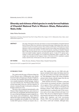 Diversity and Richness of Bird Species in Newly Formed Habitats of Chandoli National Park in Western Ghats, Maharashtra State, India