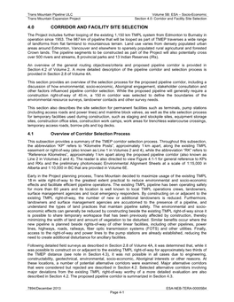 4.0 CORRIDOR and FACILITY SITE SELECTION the Project Includes Further Looping of the Existing 1,150 Km TMPL System from Edmonton to Burnaby in Operation Since 1953