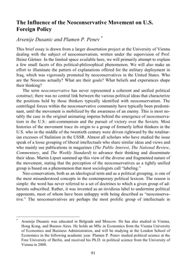 The Influence of the Neoconservative Movement on U.S. Foreign Policy Arsenije Dusanic and Plamen P