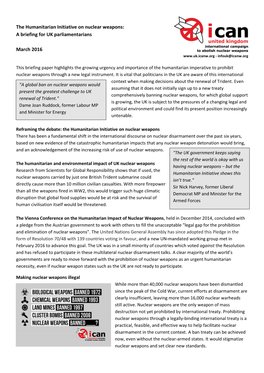 The Humanitarian Initiative on Nuclear Weapons: a Briefing for UK Parliamentarians