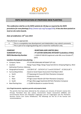 Rspo Notification of Proposed New Planting