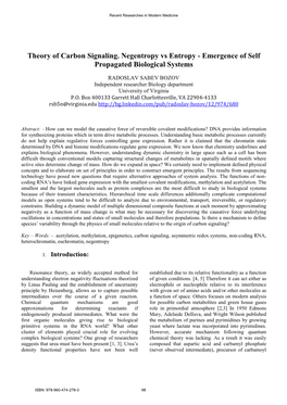 Theory of Carbon Signaling. Negentropy Vs Entropy - Emergence of Self Propagated Biological Systems