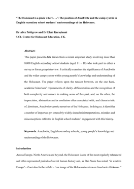 The Position of Auschwitz and the Camp System in English Secondary School Students’ Understandings of the Holocaust