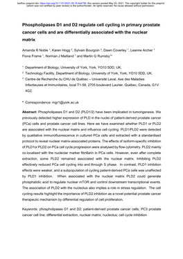 Phospholipases D1 and D2 Regulate Cell Cycling in Primary Prostate Cancer Cells and Are Differentially Associated with the Nuclear Matrix