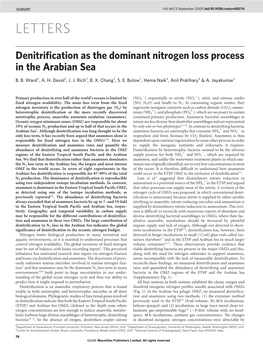 Denitrification As the Dominant Nitrogen Loss Process in the Arabian Sea