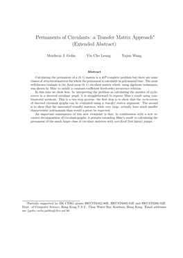 Permanents of Circulants: a Transfer Matrix Approach∗ (Extended Abstract)