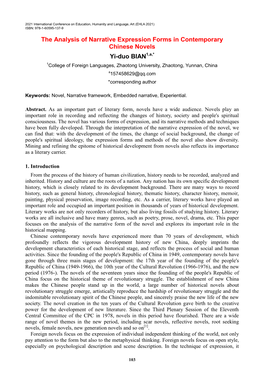 The Analysis of Narrative Expression Forms in Contemporary Chinese Novels Yi-Duo BIAN
