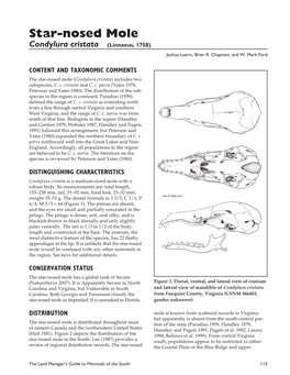 Star-Nosed Mole, Condylura Cristata (Insectivora: the Cherokee National Forest, Tennessee (Northern Talpidae), in North Carolina, with Comments on Its Districts)