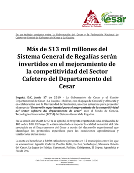 Más De $13 Mil Millones Del Sistema General De Regalías Serán Invertidos En El Mejoramiento De La Competitividad Del Sector Cafetero Del Departamento Del Cesar