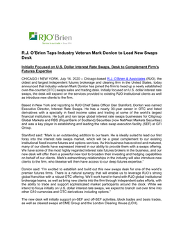 R.J. O'brien Taps Industry Veteran Mark Donlon to Lead New Swaps