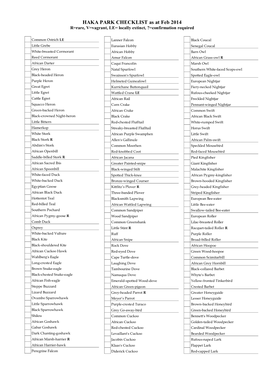 HAKA PARK CHECKLIST As at Feb 2014 R=Rare, V=Vagrant, LE= Locally Extinct, ?=Confirmation Required