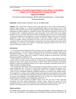 Dynamics of the Hydrological Regime on the Rivers of the Baikal Region on the Background of Climate Change Natalia KICHIGINA * V.B