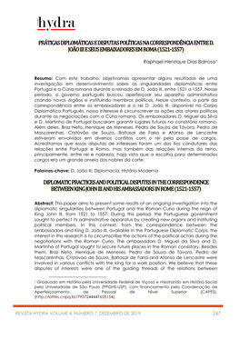 Práticas Diplomáticas E Disputas Políticas Na Correspondência Entre D. João Iii E Seus Embaixadores Em Roma (1521-1557)