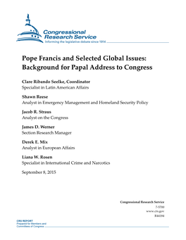 Pope Francis and Selected Global Issues: Background for Papal Address to Congress