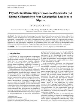 Phytochemical Screening of Tacca Leontopetaloides (L.) Kuntze Collected from Four Geographical Locations in Nigeria