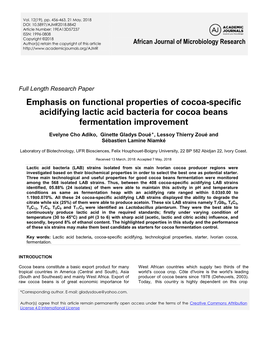 Emphasis on Functional Properties of Cocoa-Specific Acidifying Lactic Acid Bacteria for Cocoa Beans Fermentation Improvement